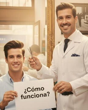 El barbero andaluz atiende a su cliente en una barbería luminosa. La imagen representa cómo el servicio “¡Solo pregunta!” facilita el contacto directo con profesional