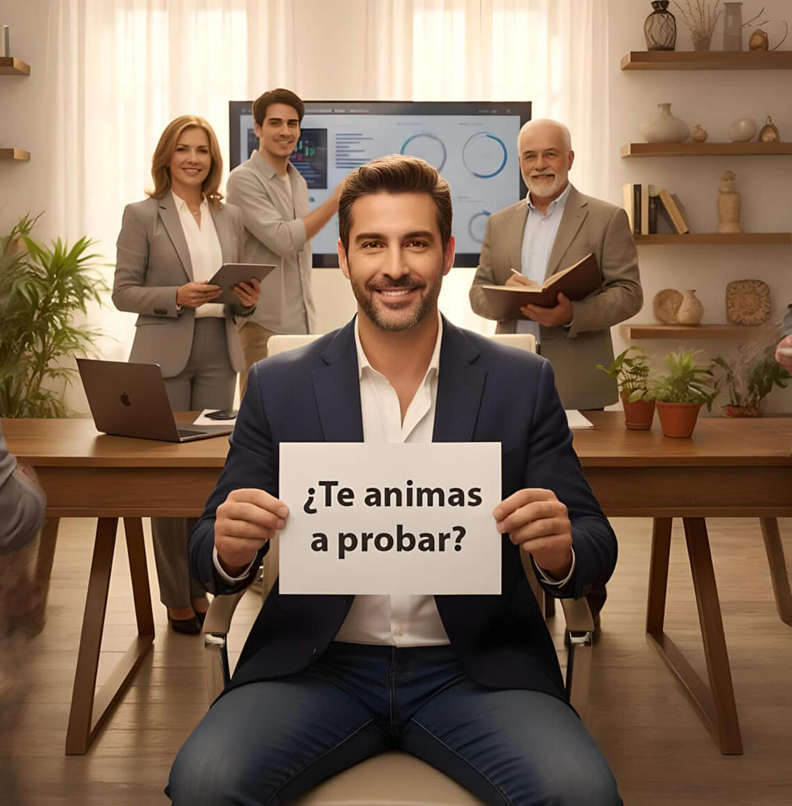 Un asesor andaluz sonriente sostiene un cartel con la frase “¿Te animas a probar?”, mientras un grupo de profesionales colabora en una oficina luminosa. La imagen invita a los usuarios a descubrir cómo el servicio “¡Solo pregunta!” facilita el acceso a exp
