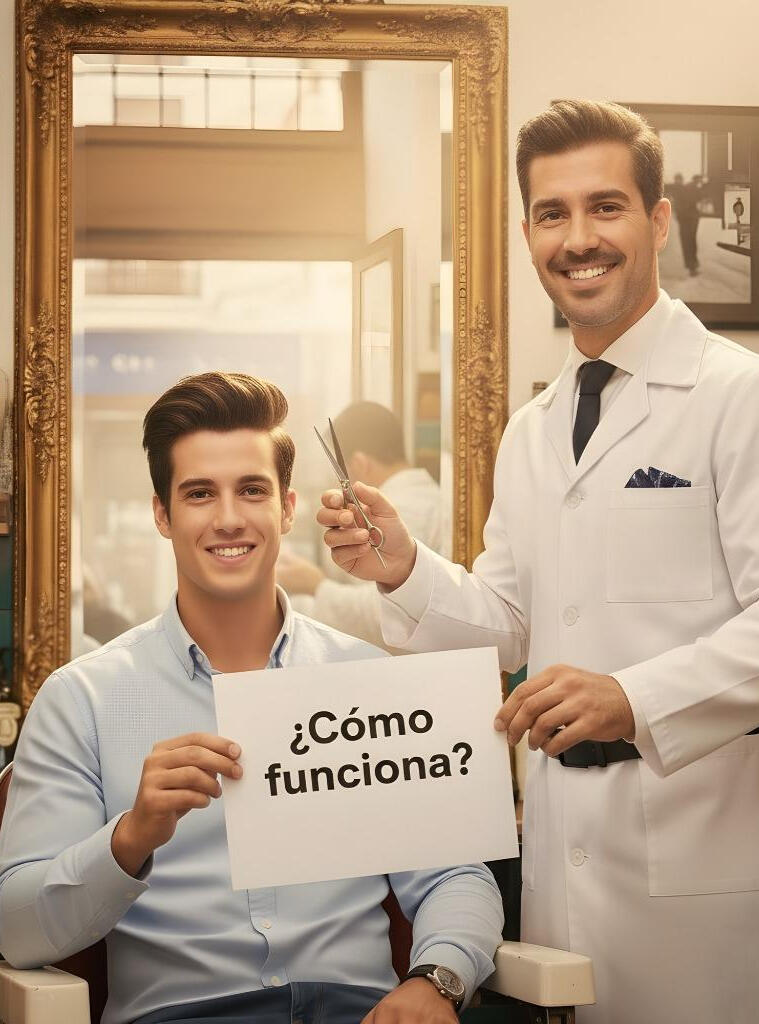 El barbero andaluz atiende a su cliente en una barbería luminosa. La imagen representa cómo el servicio “¡Solo pregunta!” facilita el contacto directo con profesional