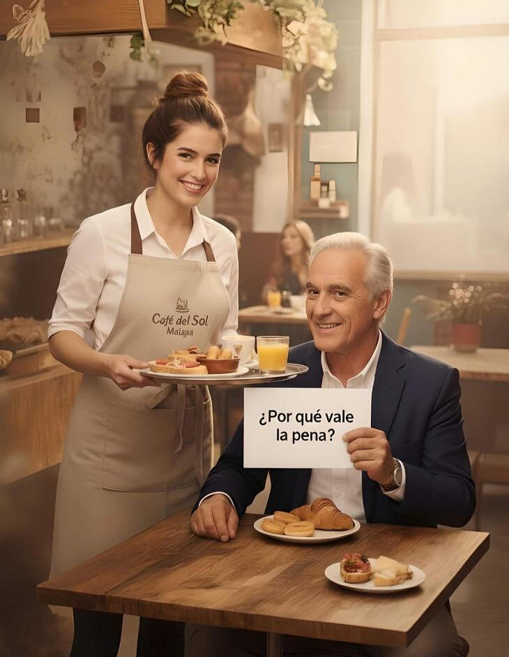 Una camarera andaluza sonriente del “Café del Sol” sirve desayuno a un cliente satisfecho que sostiene un cartel con la frase “¿Por qué vale la pena?”. La imagen representa cómo el servicio “¡Solo pregunta!” conecta a las personas con profesionales locales