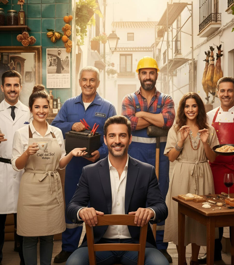 El barbero andaluz atiende a su cliente en una barbería luminosa. La imagen representa cómo el servicio “¡Solo pregunta!” facilita el contacto directo con profesional